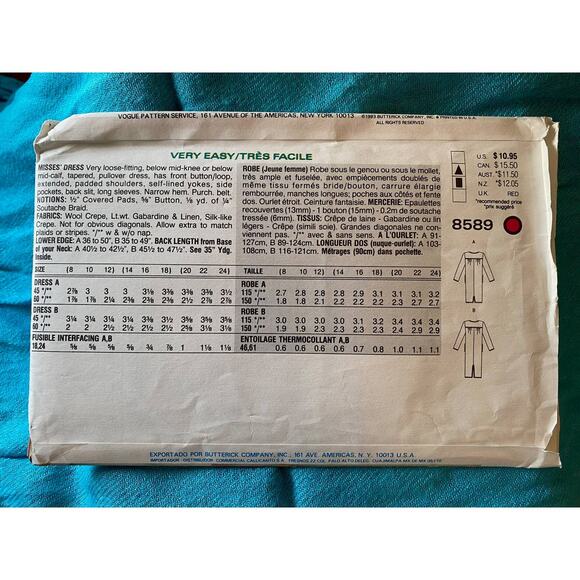 Vogue sewing pattern 8589 shift dress Size 14 16 - Picture 3 of 5